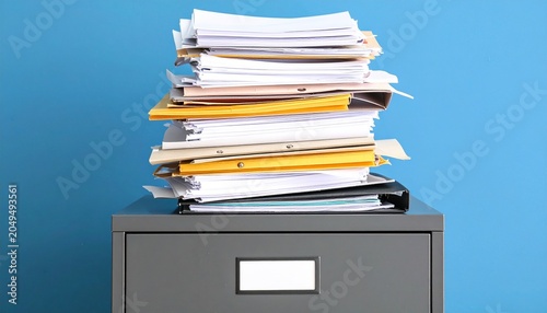 Filing cabinet with stacked papers symbolizes office document organization