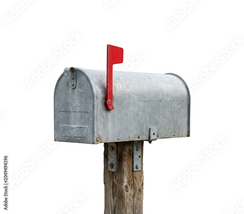 Vintage galvanized metal mailbox with red flag, classic rural post box on wooden pole, traditional american mail delivery container isolated on Transparent Background