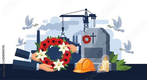 Canvas Print A solemn scene with a wreath, tombstone, and crane