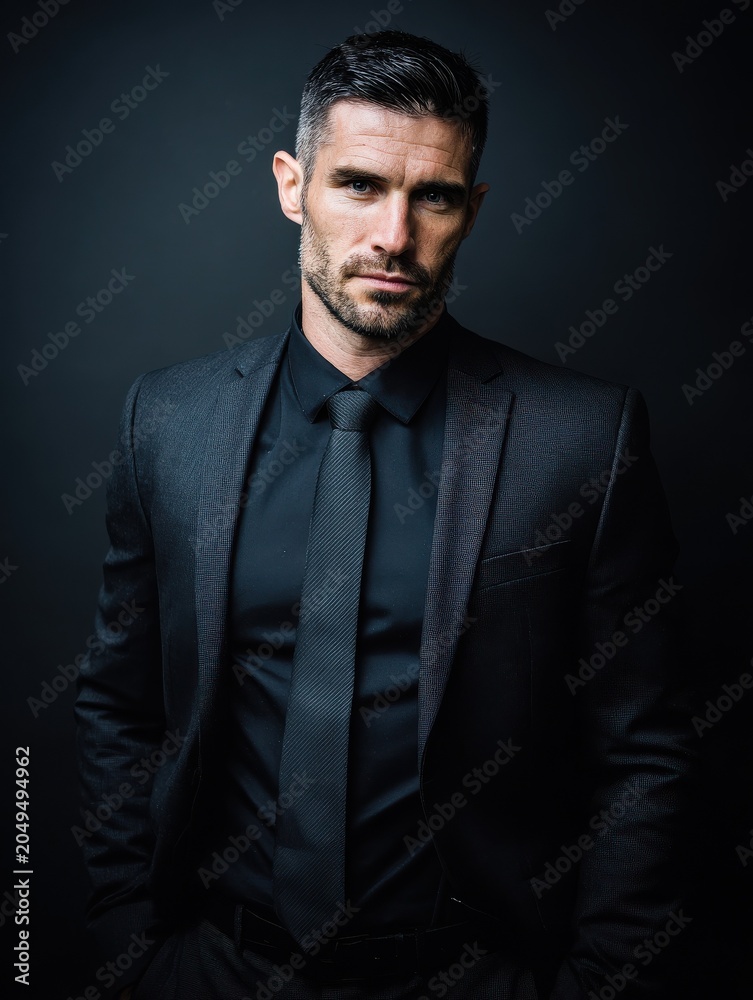 Fototapeta premium Businessman in dark suit with stern expression against black background