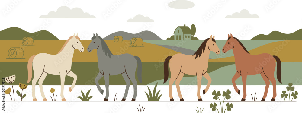 Εκτύπωση καμβά Flat Style Panoramic Rural Landscape with Beautiful Walking Horses Set Against F