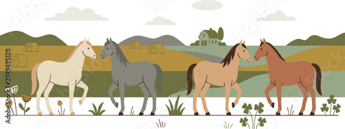 Photos Flat Style Panoramic Rural Landscape with Beautiful Walking Horses Set Against F