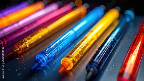 A collection of vibrant, colorful markers, with a dark background