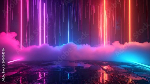 Neon-lit scene with vapor and vertical light beams, reflecting below