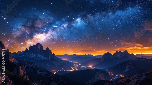 Mountains at night, Milky Way visible, with a city in the valley