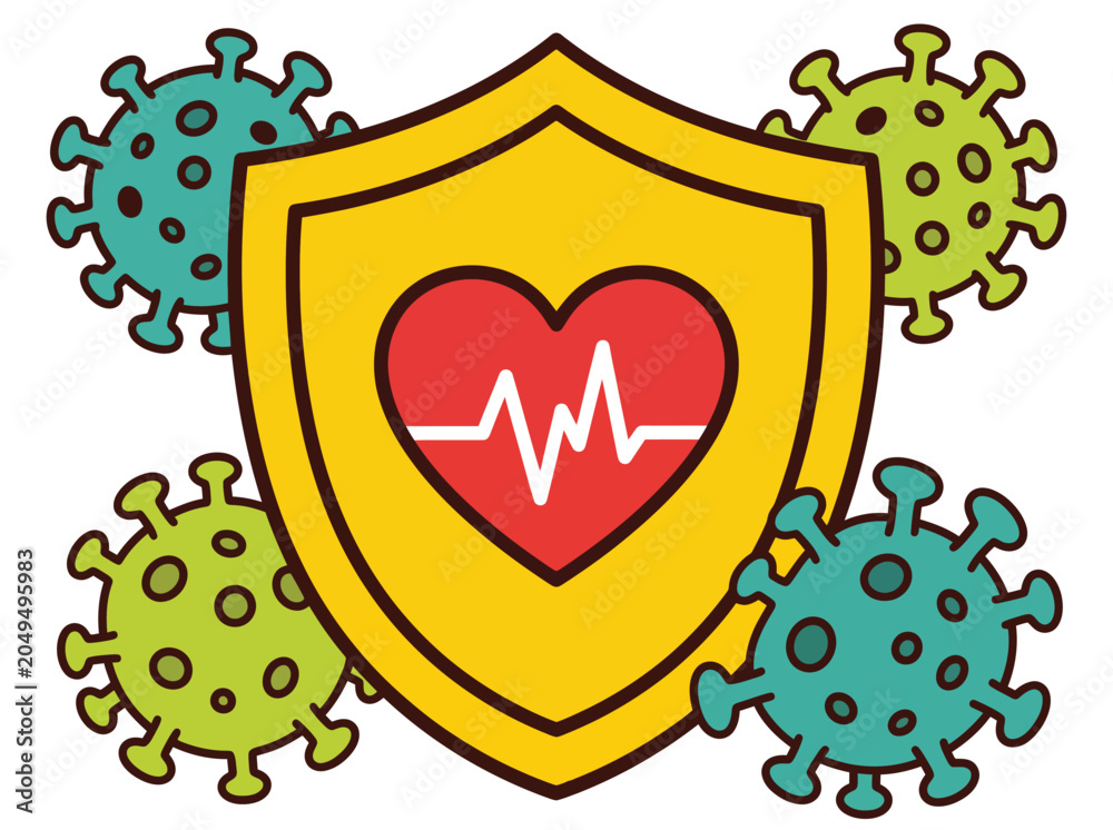 Fototapeta premium Immune system defense vector, yellow shield protecting heart with heartbeat line from virus cells, medical healthcare protection concept