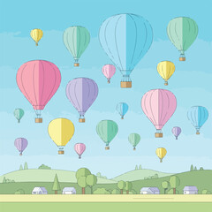 Acrylglasbilder Heißluftballon Heißluftballons über grüner Landschaft Illustration  © Sanji