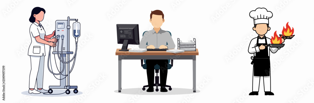 Fototapeta premium Nurse, Office Worker, and Chef Flat Vector Illustration Set