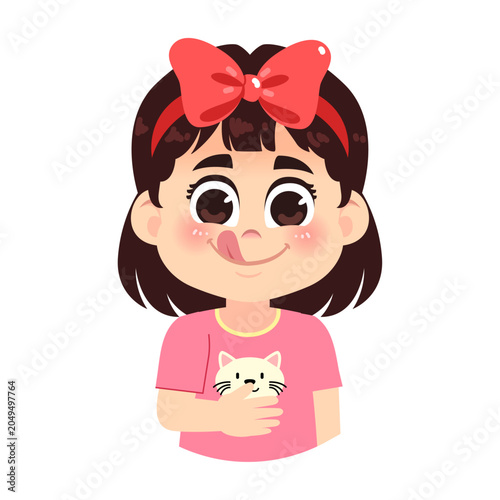 Cute Hungry Girl with Big Red Ribbon Emotion Expression Character Half Body Illustration