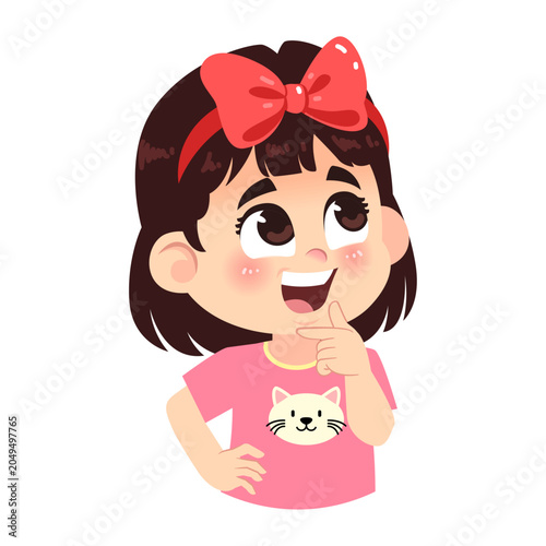 Cute Curious Girl with Big Red Ribbon Emotion Expression Character Half Body Illustration