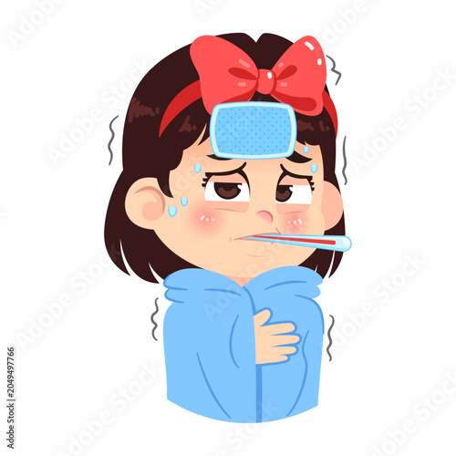 Cute Sick Girl with Big Red Ribbon Emotion Expression Character Half Body Illustration
