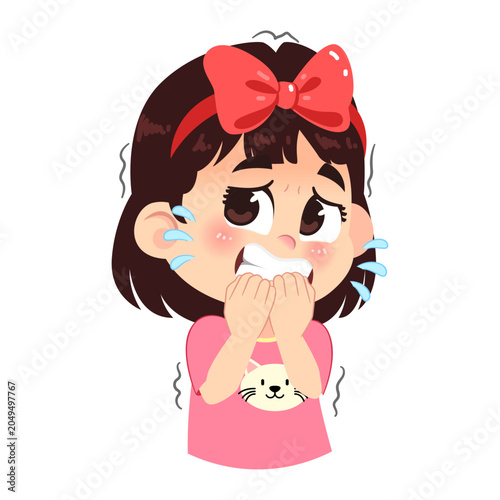 Cute Scared Girl with Big Red Ribbon Emotion Expression Character Half Body Illustration