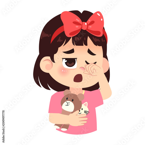 Cute Sleepy Girl with Big Red Ribbon Emotion Expression Character Half Body Illustration