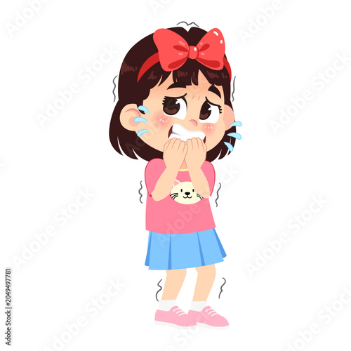 Cute Scared Girl with Big Red Ribbon Emotion Expression Character Illustration