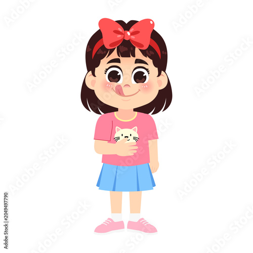 Cute Hungry Girl with Big Red Ribbon Emotion Expression Character Illustration