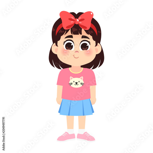 Cute Neutral Girl with Big Red Ribbon Emotion Expression Character Illustration