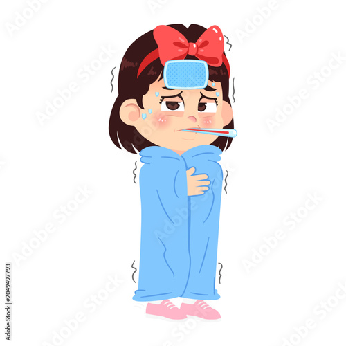 Cute Sick Girl with Big Red Ribbon Emotion Expression Character Illustration