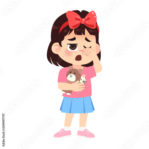 Cute Sleepy Girl with Big Red Ribbon Emotion Expression Character Illustration