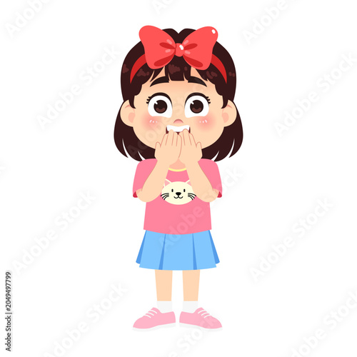 Cute Surprised Girl with Big Red Ribbon Emotion Expression Character Illustration