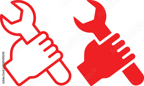 Wrench Tool Icon Set Minimal Line and Solid Style Repair Maintenance Service Symbol Vector Illustration Red Outline and Filled Design