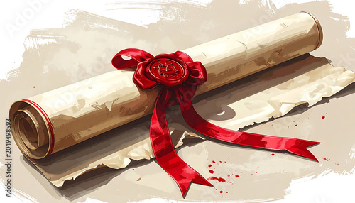 Rolled old parchment scroll with red wax seal and ribbon, vintage document, official paper, diploma, award