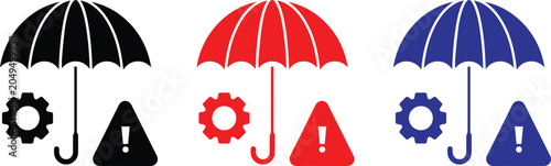 Umbrella protection and warning icon set with weather safety alert and insurance symbols in outline and solid style for web and app design