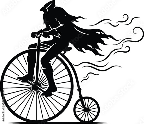 Foto Silhouette of a penny farthing bicycle rider with flowing cape
