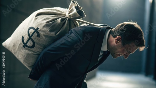 A businessman in a suit struggles to carry a large sack marked with a dollar sign on his back, symbolizing financial burden or stress.