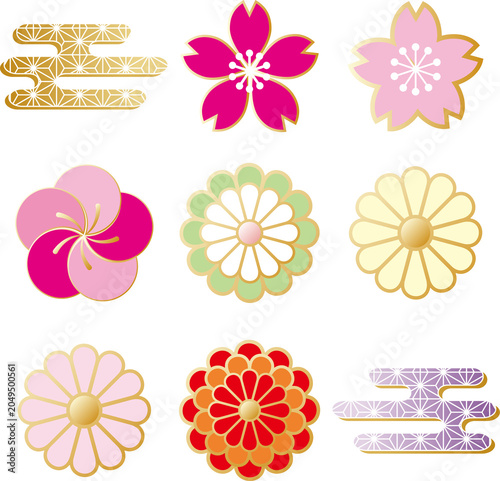 和風　和柄　花　アイコン　イラストセット　梅　桜　菊　伝統　紋様　和モダン　装飾　飾り　あしらい