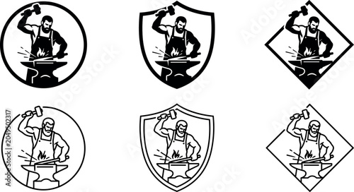 Konstfotografi Blacksmith Badge Emblem Set Featuring Silhouette and Line Art Craftsman Working