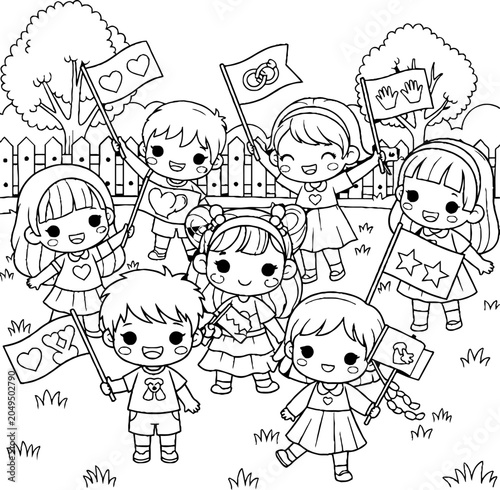 Happy cartoon children holding flags and celebrating together outdoors.