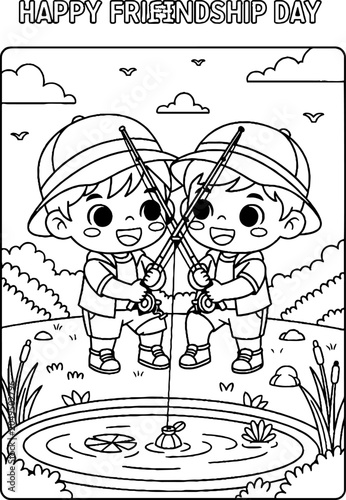Cute Cartoon Kids Fishing Together on Friendship Day.