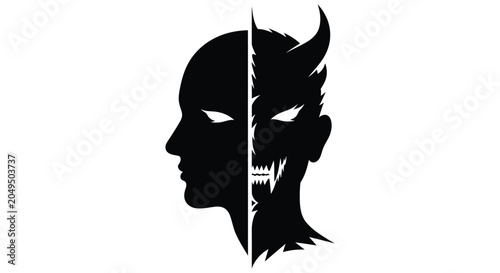 Foto A striking black and white silhouette of a face split between angel and devil