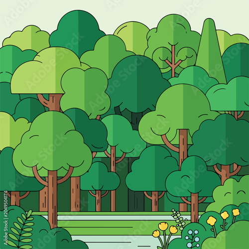 A serene forest scene with lush green trees