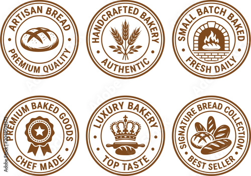 Fotografie Set of six circular brown stamps or emblems celebrating artisan bread handcrafted bakery goods and small batch baked items with quality labels