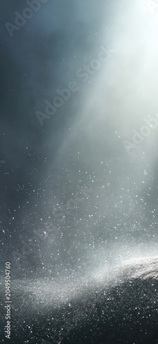 Ethereal shafts of light pierce through a misty, atmospheric haze, illuminating tiny particles or droplets suspended in the air, creating a dramatic and almost divine ambiance.