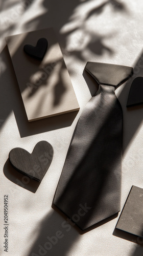 A classic gray tie with scattered heart decorations and dappled light creates a poignant scene, symbolizing fatherly love and appreciation.