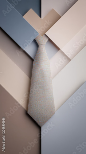 A minimalistic and abstract composition featuring a single textured tie, artfully arranged against a backdrop of overlapping geometric planes in soft, muted pastel colors.