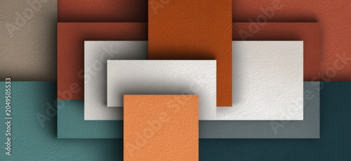 Overlapping squares of warm earthy tones, teal, and white create a modern, abstract geometric composition, suggesting layered textures and minimalist design.