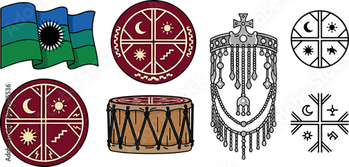 Foto Mapuche Indigenous Culture Icon Set Featuring Waving Flag, Kultrun Ceremonial Dr
