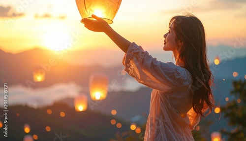 Asian woman releases a lantern at sunset, with others floating in the sky