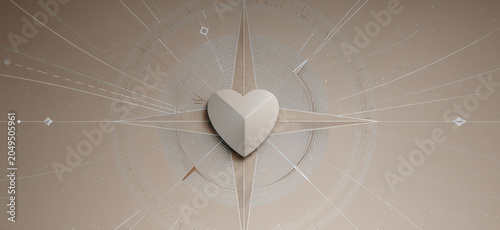 A sculpted 3D heart emblem rests at the center of a delicate, abstract compass-like design, radiating subtle lines and geometric shapes, suggesting guidance and emotional direction.