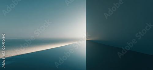 Abstract geometric composition with soft blue and turquoise gradients meeting at a sharp diagonal line, creating a sense of depth and minimalist elegance.