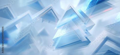 Abstract geometric shapes, reminiscent of crystal mountains or ice formations, are rendered in cool blue and white tones with a soft, ethereal glow. The composition is dynamic.