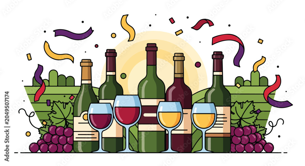 Fototapeta premium A vibrant illustration of wine bottles and glasses with grapes