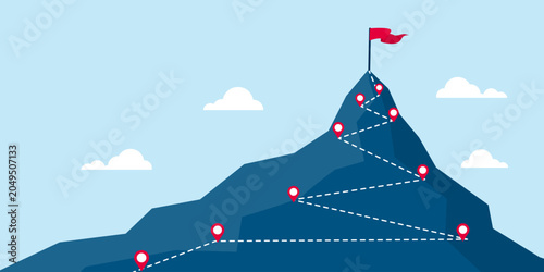 achievements mountain route to success flag on top blue background. Business motivation journey path. leadership goal concept. leadership goal hiking concept. vector illustration flat design