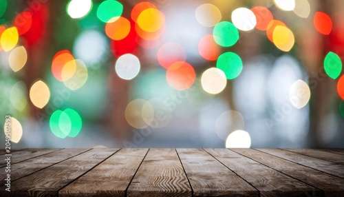 Wooden table top with colorful blurred lights in background for party decoration