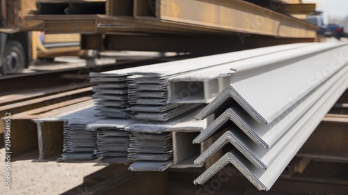 rigid. Steel beams and construction materials in an industrial scene, arranged with dynamic angles. safety posters.