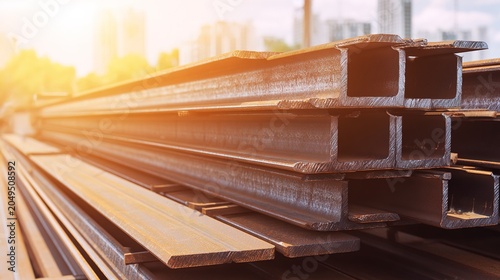 rigid. Steel beams and construction materials in an industrial scene, arranged with dynamic angles. safety posters.