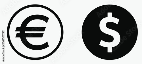Photos Money currency icon set with euro outline sign and dollar black silhouette coin
